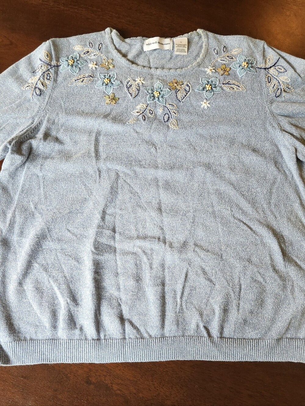 Alfred Dunner Light Blue Embroidered Crew Neck Sweater With Beaded Accents.